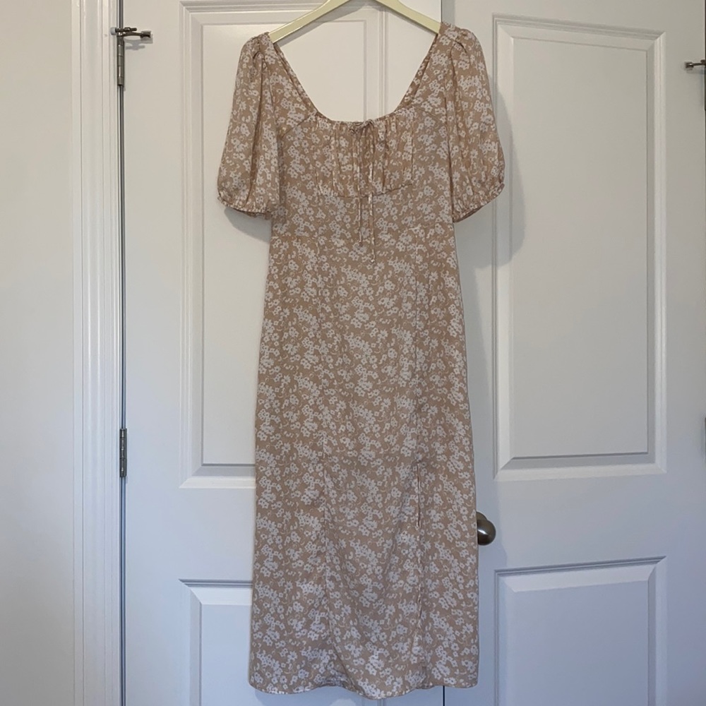 Sienna Sky Long Floral Dress (Tan + White flowers)